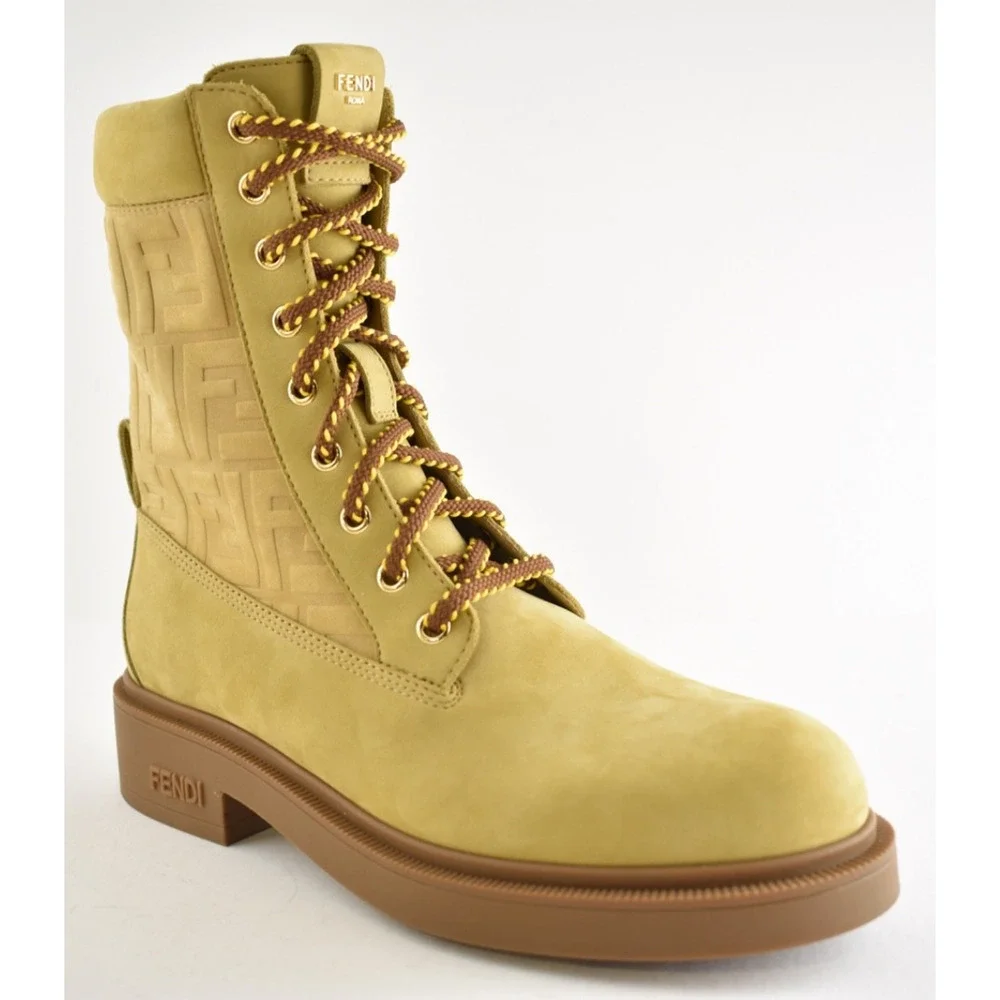 Fendi Filo Beige Nubuck FF Embossed Logo Lace Up Tie Logo Combat Biker Boot 38